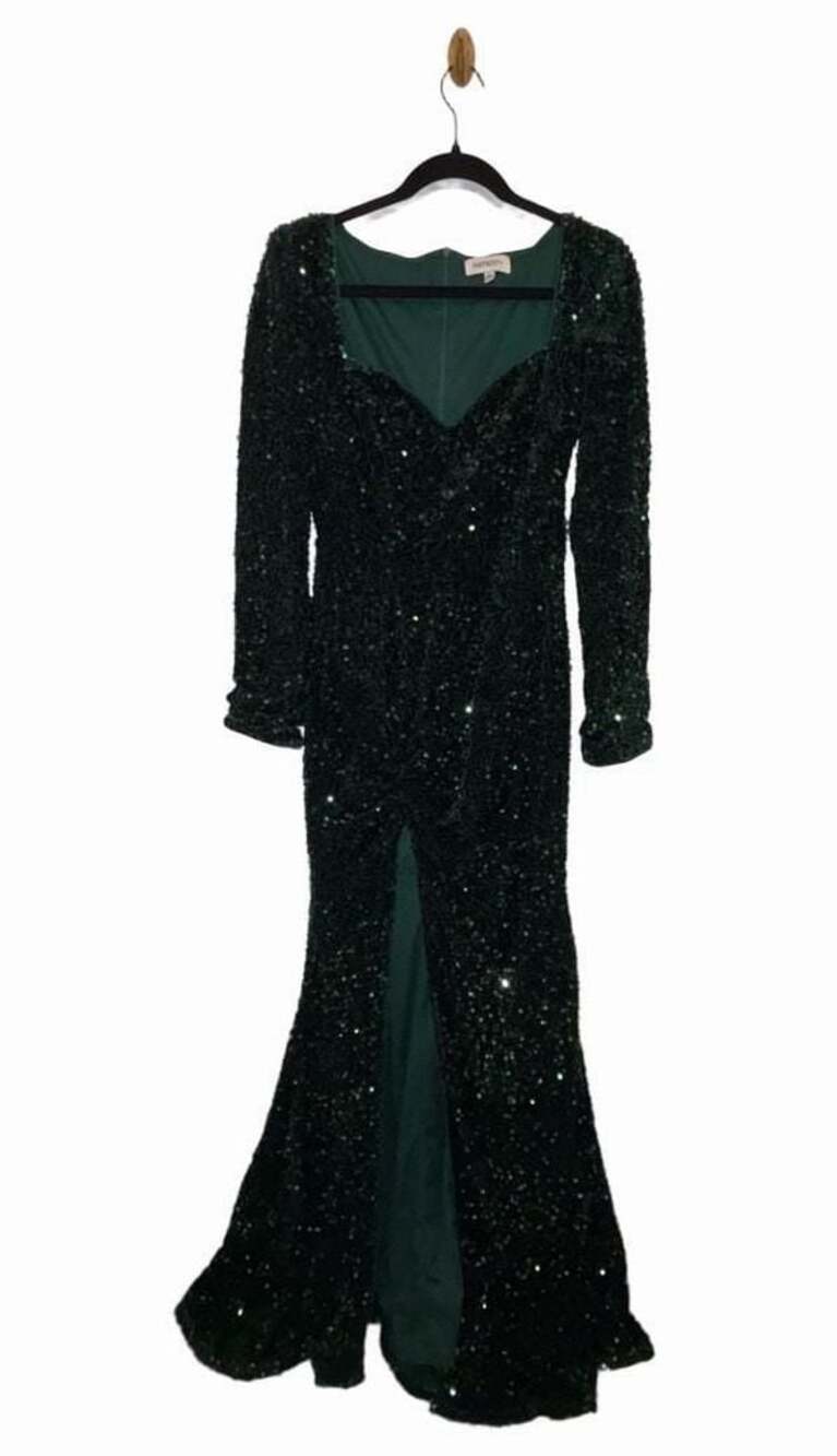 Faeriesty Emerald Green Square Neck Long Sleeve Sequin Maxi Dress Size L